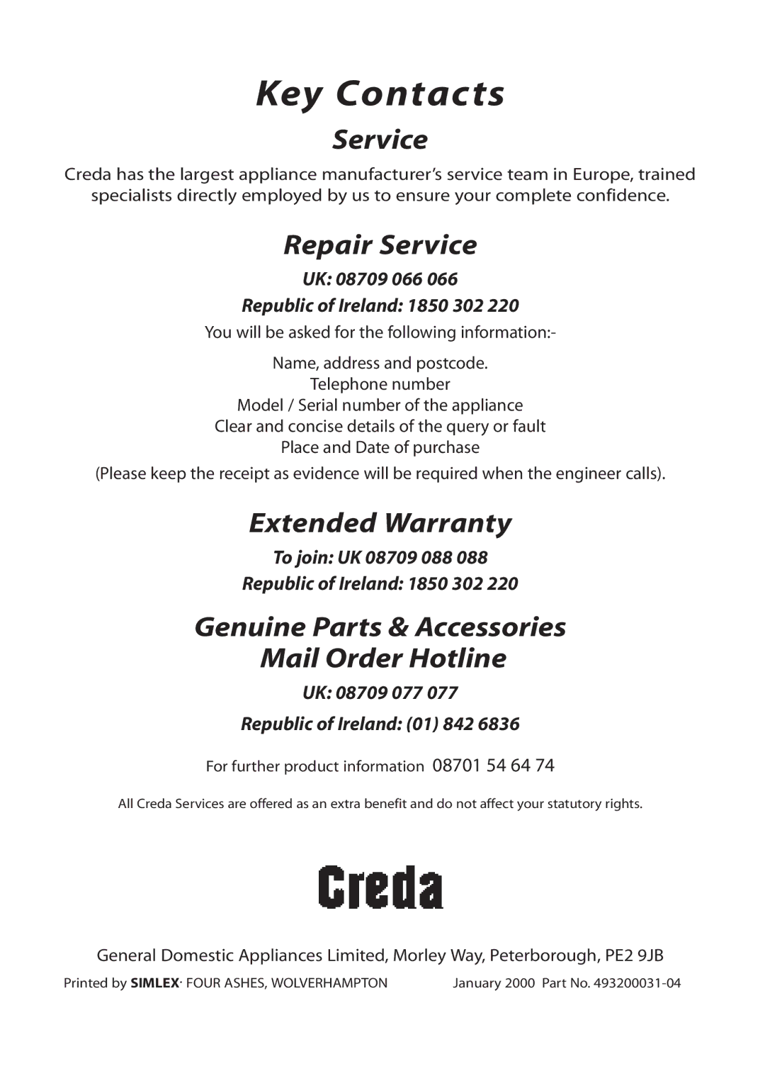 Creda H050E manual Key Contacts 