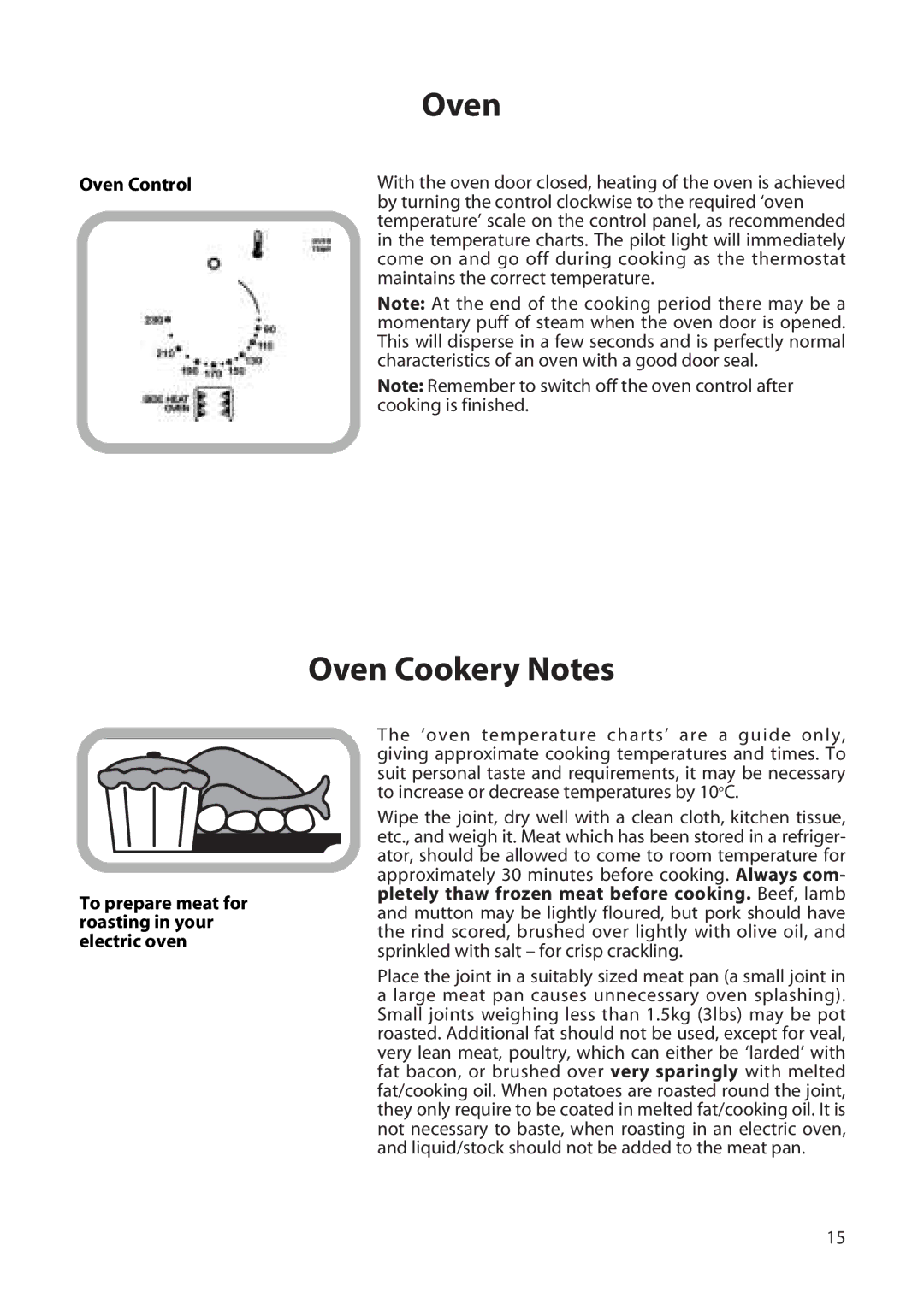 Creda H150E manual Oven Cookery Notes, Oven Control, To prepare meat for roasting in your electric oven 