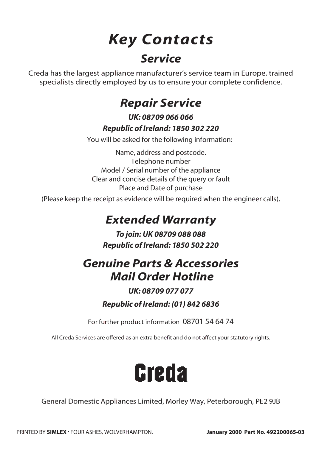 Creda H150E manual Key Contacts, For further product information 08701 54 64 