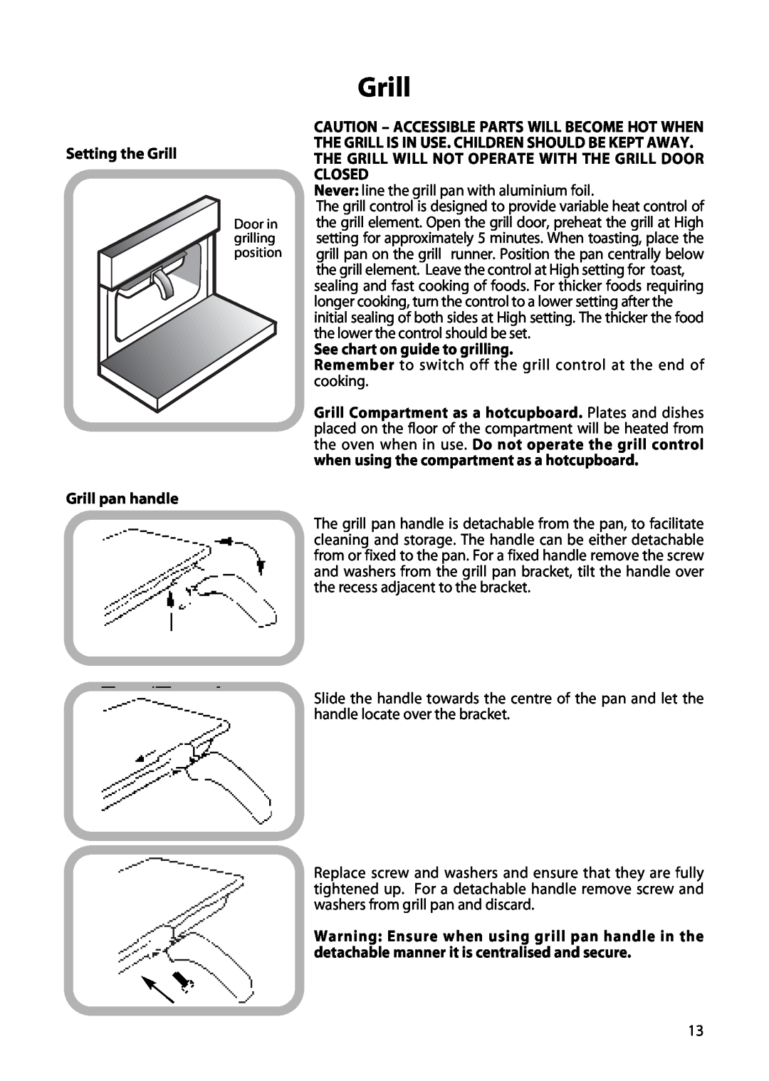 Creda H150E manual Setting the Grill, Grill pan handle, See chart on guide to grilling 