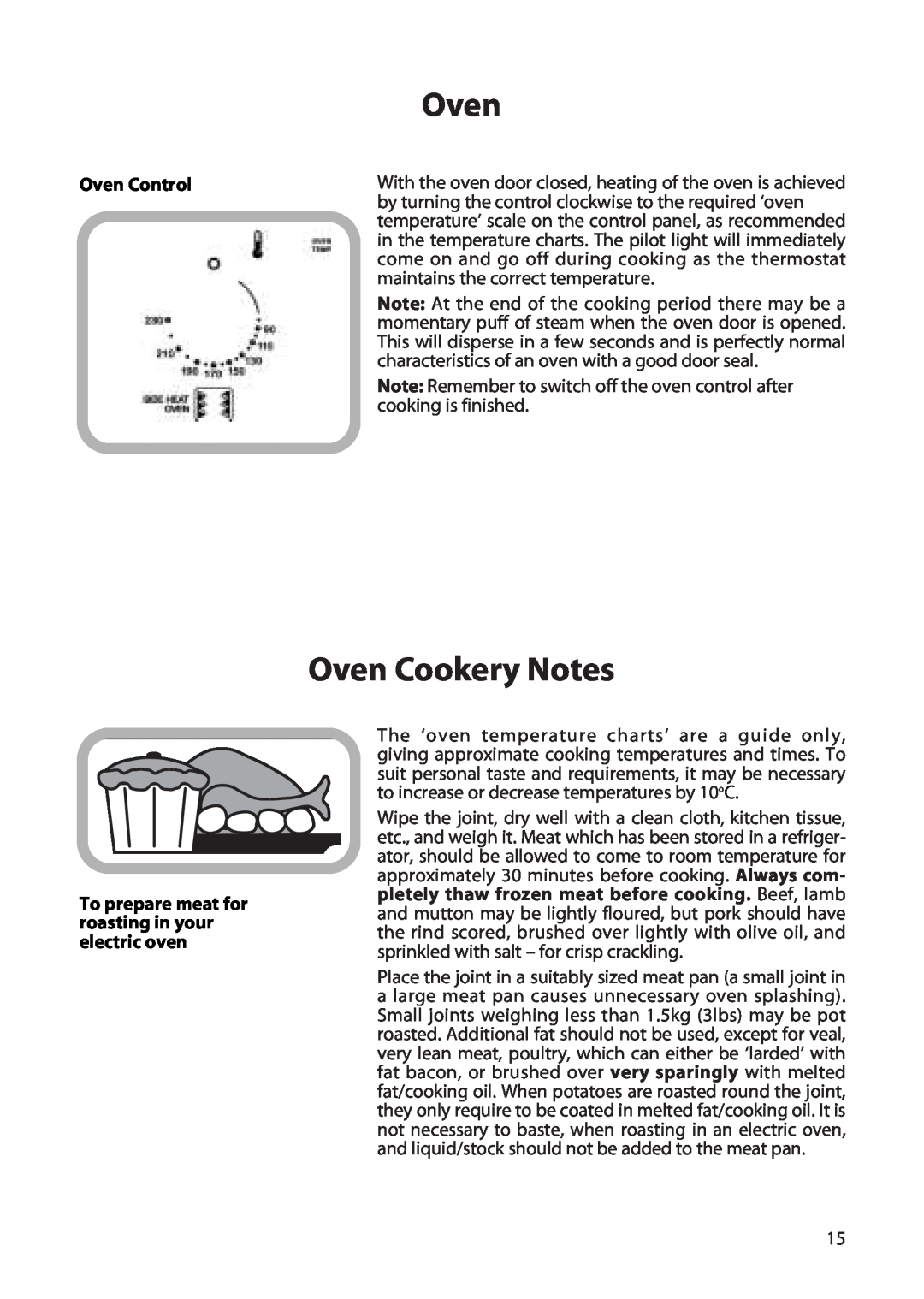 Creda H150E manual Oven Cookery Notes, Oven Control 