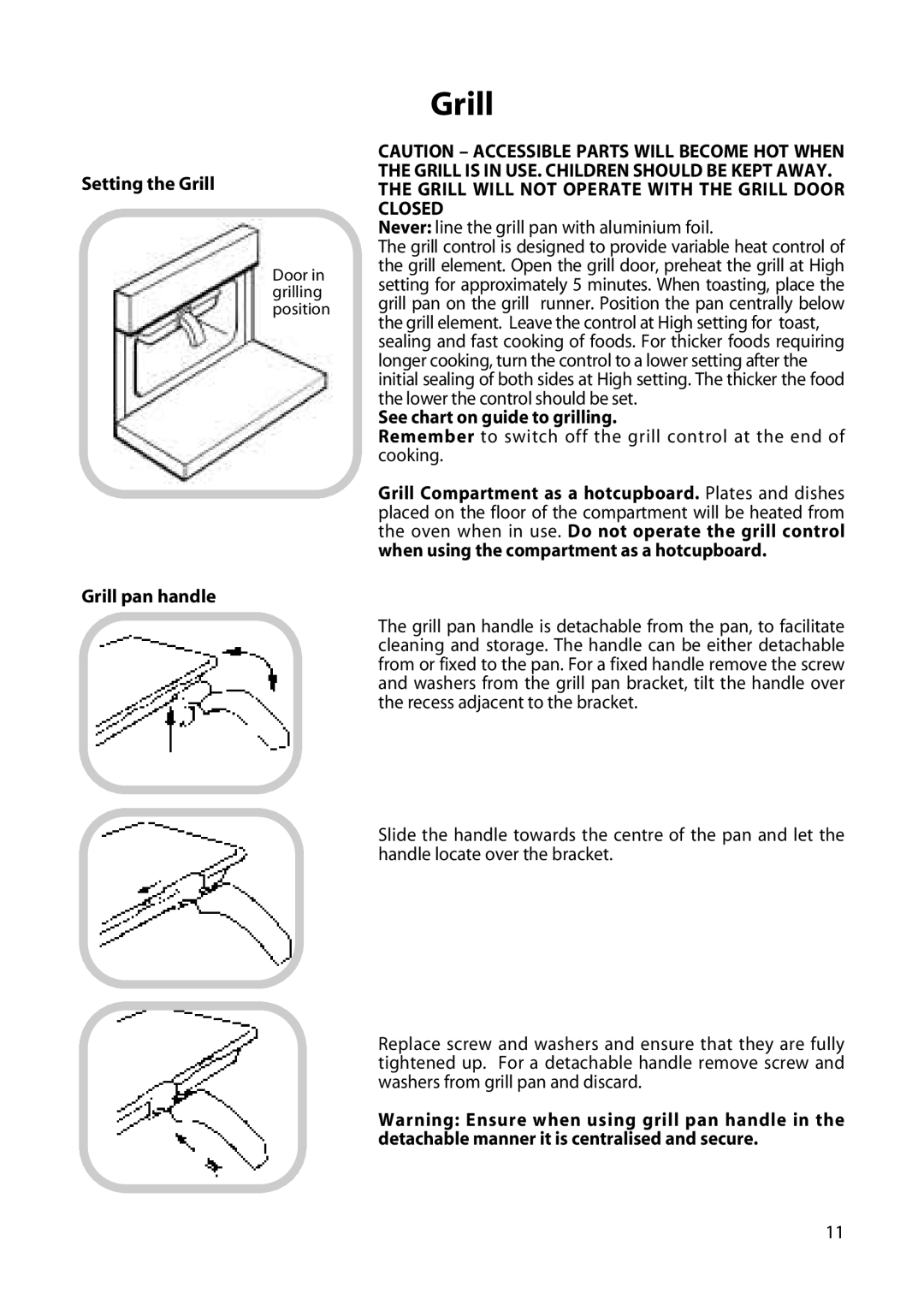 Creda H151E manual Setting the Grill, Grill pan handle, See chart on guide to grilling 