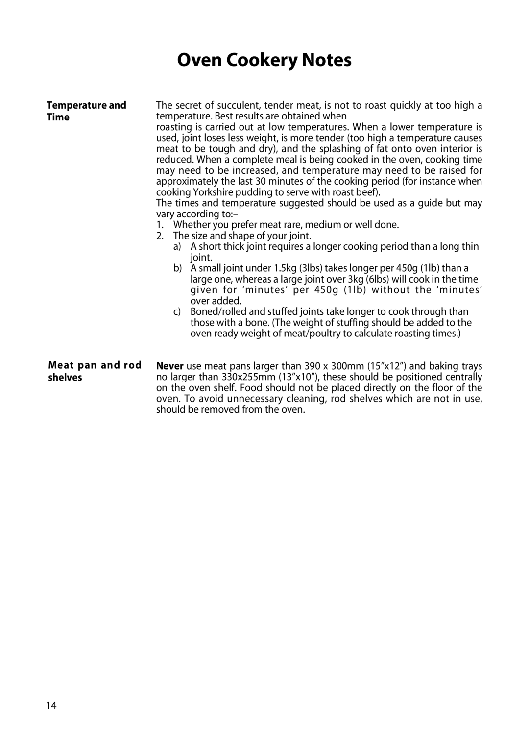 Creda H151E manual Temperature and Time, Meat pan and rod shelves 