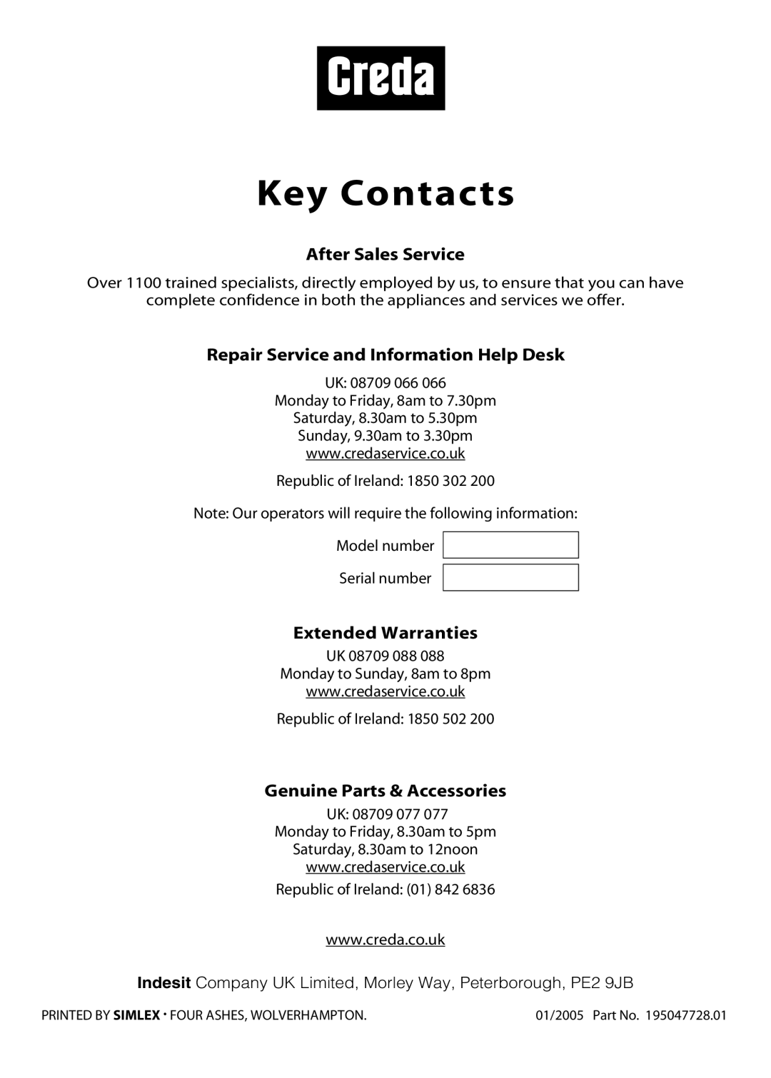 Creda H151E manual Key Contacts 