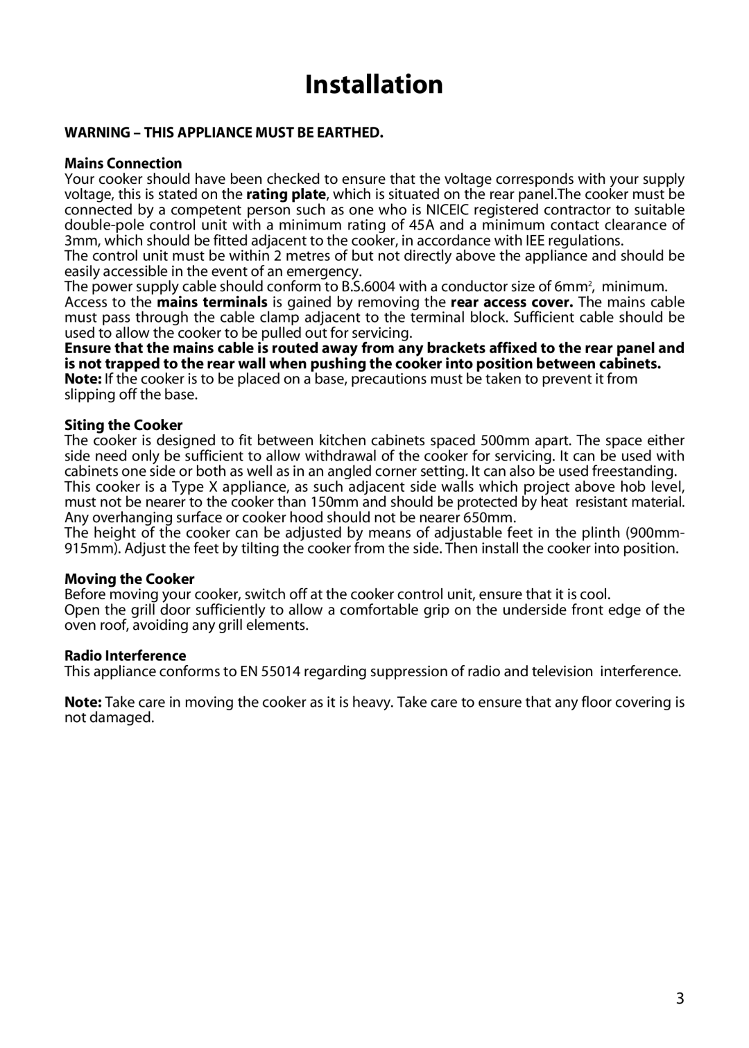 Creda H151E manual Installation, Mains Connection, Moving the Cooker, Radio Interference 