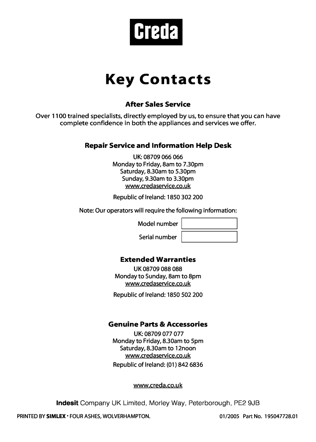 Creda H151E manual Key Contacts, After Sales Service, Repair Service and Information Help Desk, Extended Warranties 