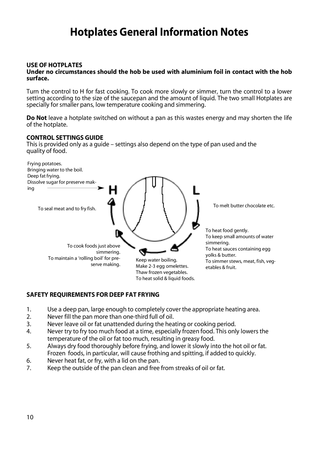 Creda H250E manual Hotplates General Information Notes, USE of Hotplates, Control Settings Guide 