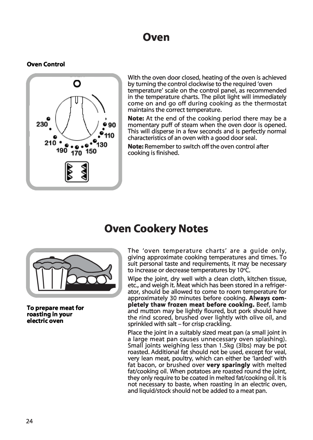 Creda H250E manual Oven Cookery Notes, Oven Control, To prepare meat for roasting in your electric oven 