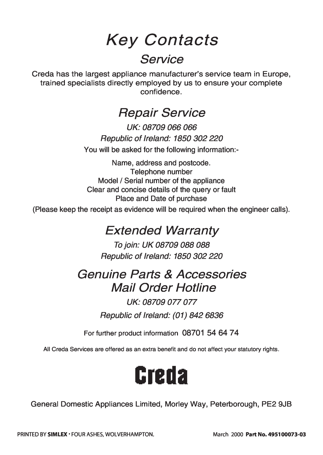 Creda H250E manual Key Contacts, Repair Service, Extended Warranty, Genuine Parts & Accessories Mail Order Hotline 