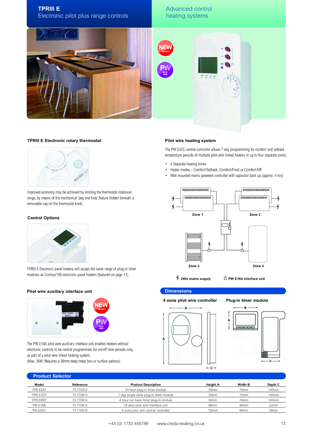 Creda Heating Solution Electronic pilot plus range controls, Separate heating zones, Pilot wire auxiliary interface unit 