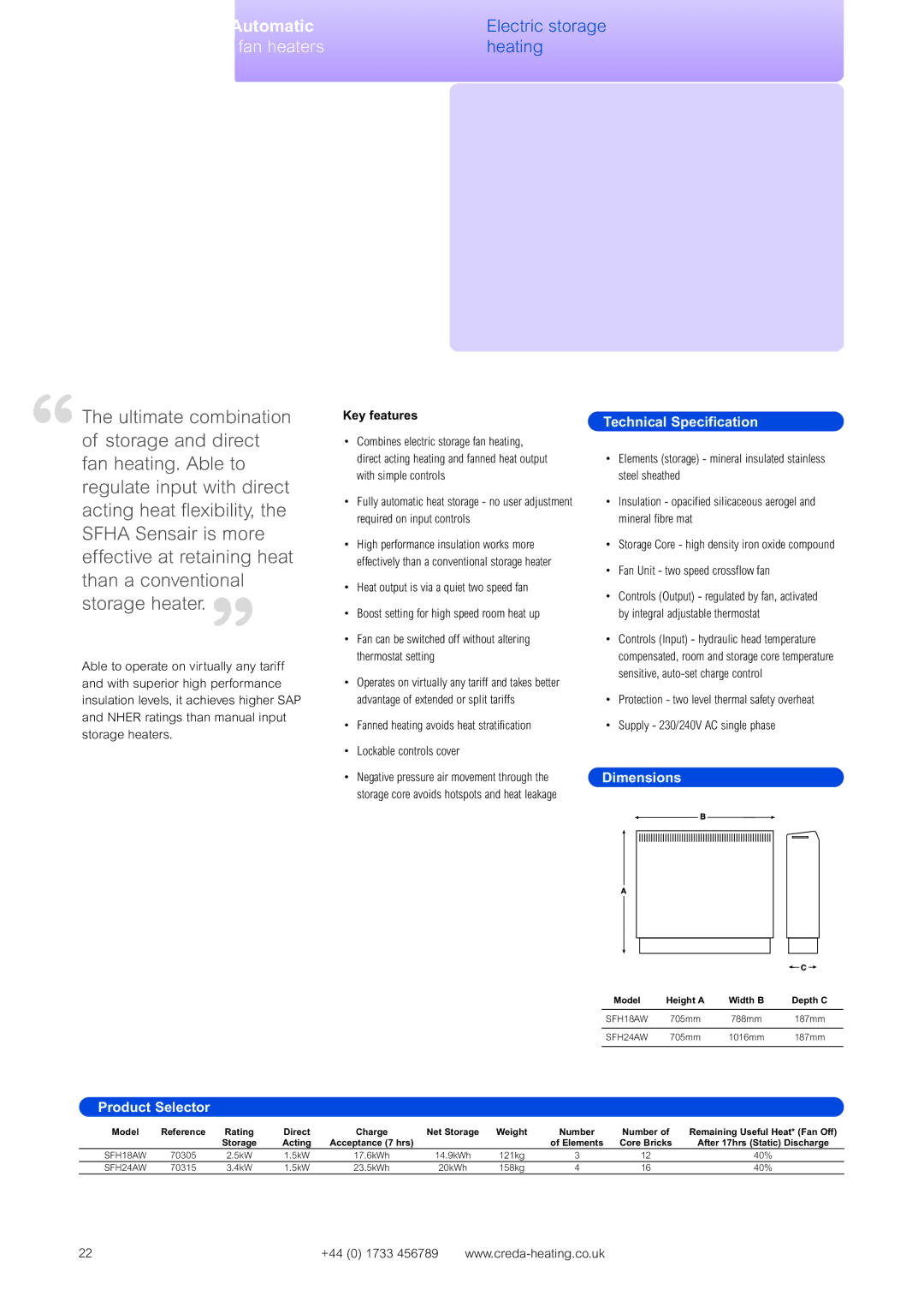 Creda Heating Solution manual Electric storage fan heaters, Model Height a Width B Depth C 