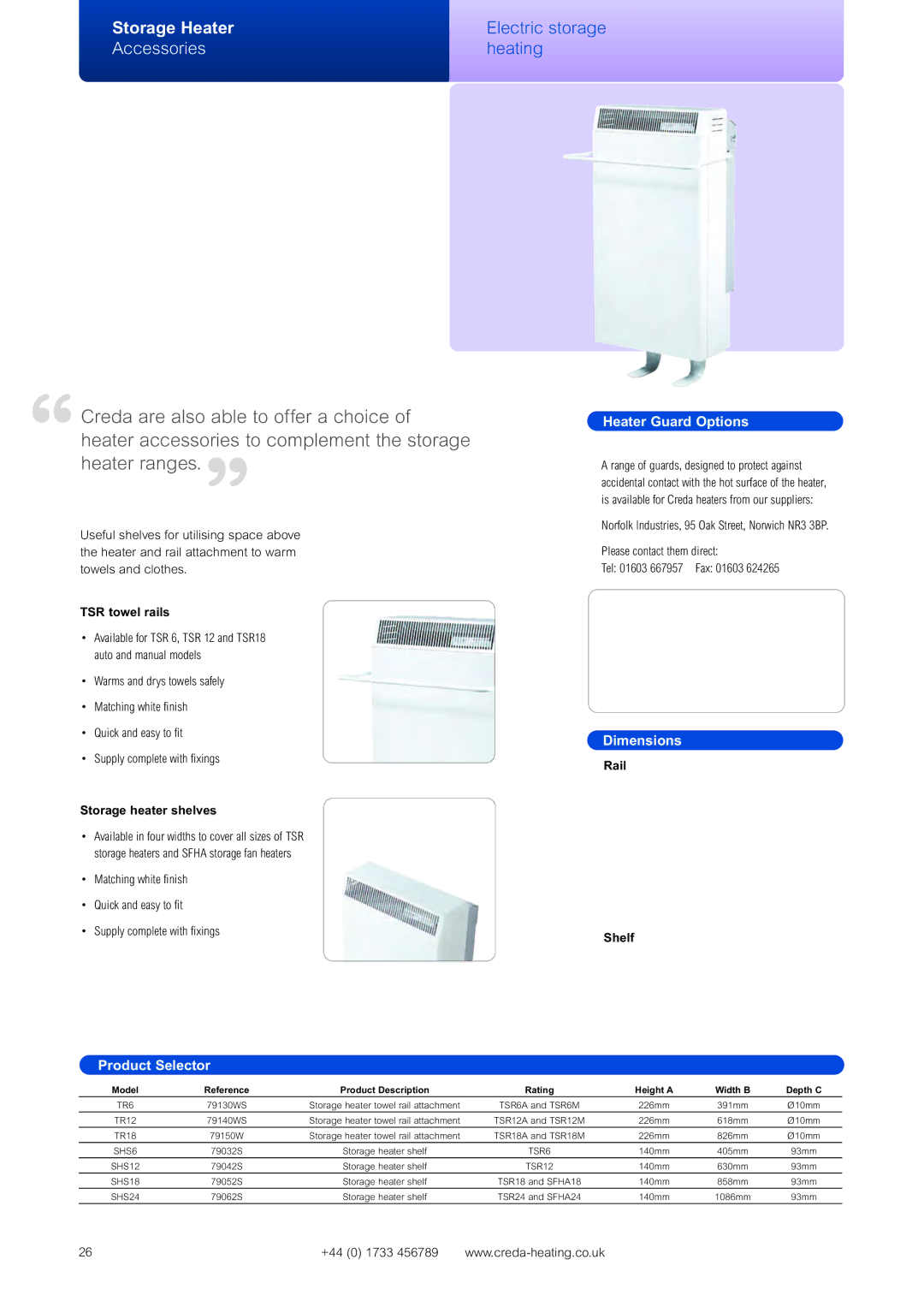 Creda Heating Solution manual Accessories, Heater Guard Options, TSR towel rails, Storage heater shelves, Rail Shelf 