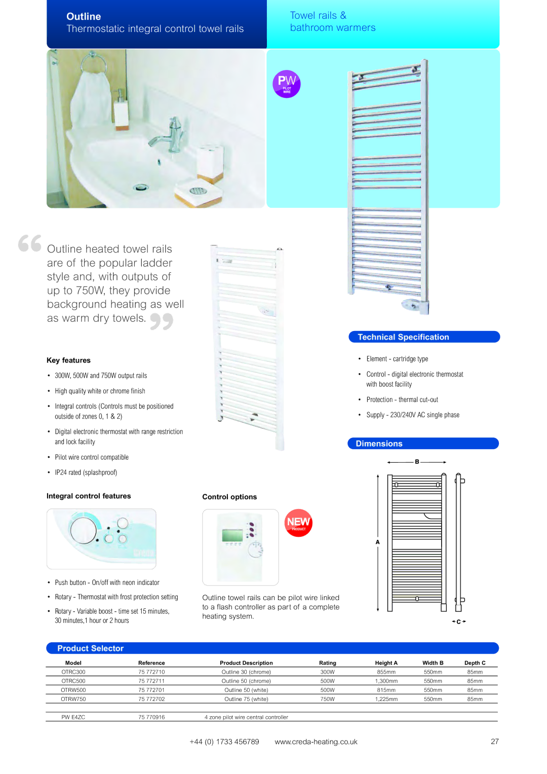 Creda Heating Solution manual Thermostatic integral control towel rails, Integral control features 