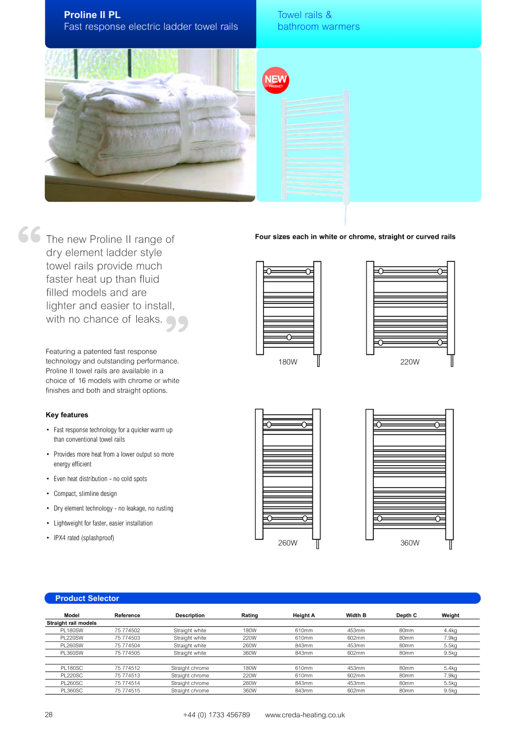 Creda Heating Solution manual Fast response electric ladder towel rails, 360W, Model Reference Description Rating Height a 