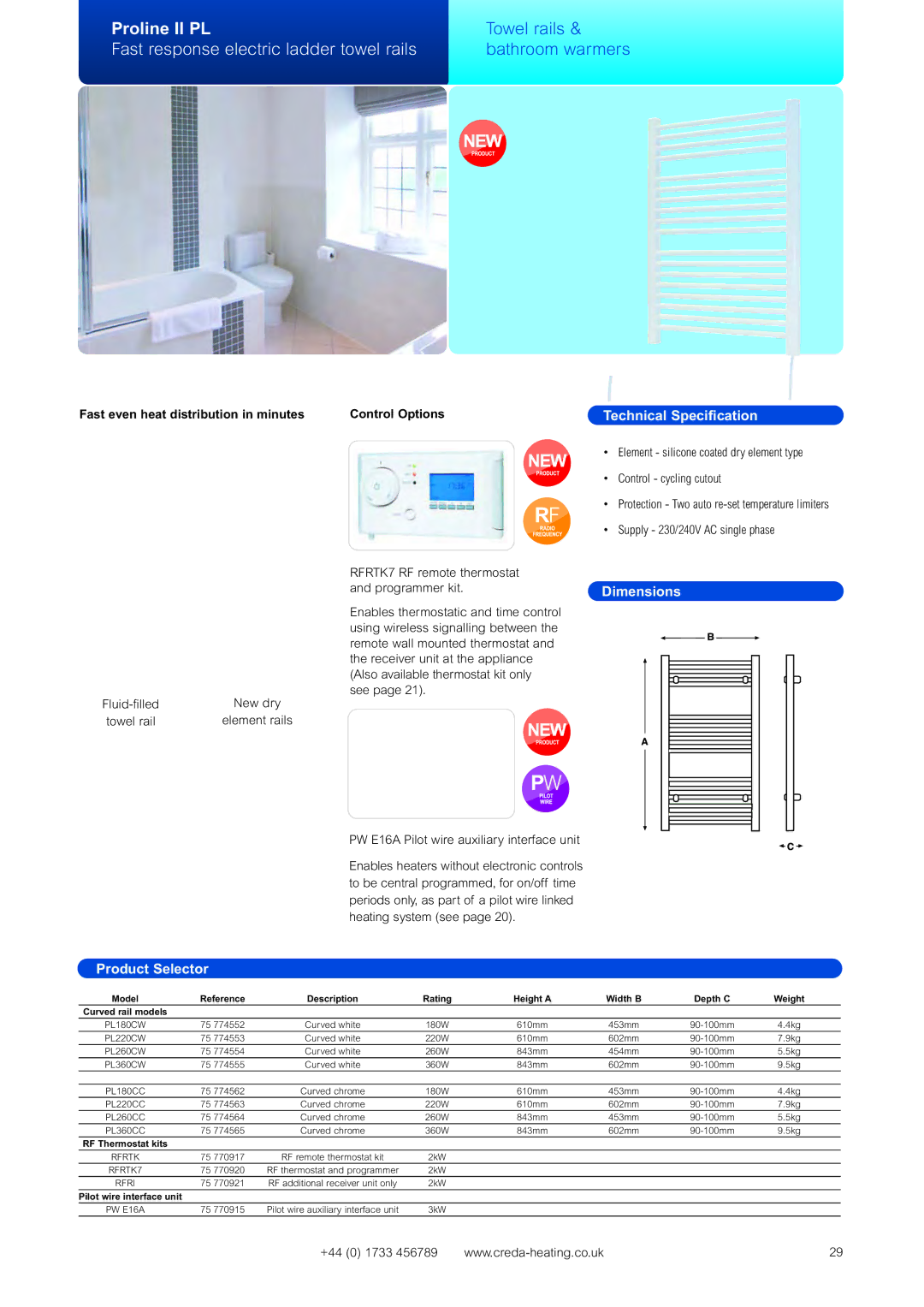 Creda Heating Solution manual Fast even heat distribution in minutes, Element rails, Curved rail models, RF Thermostat kits 