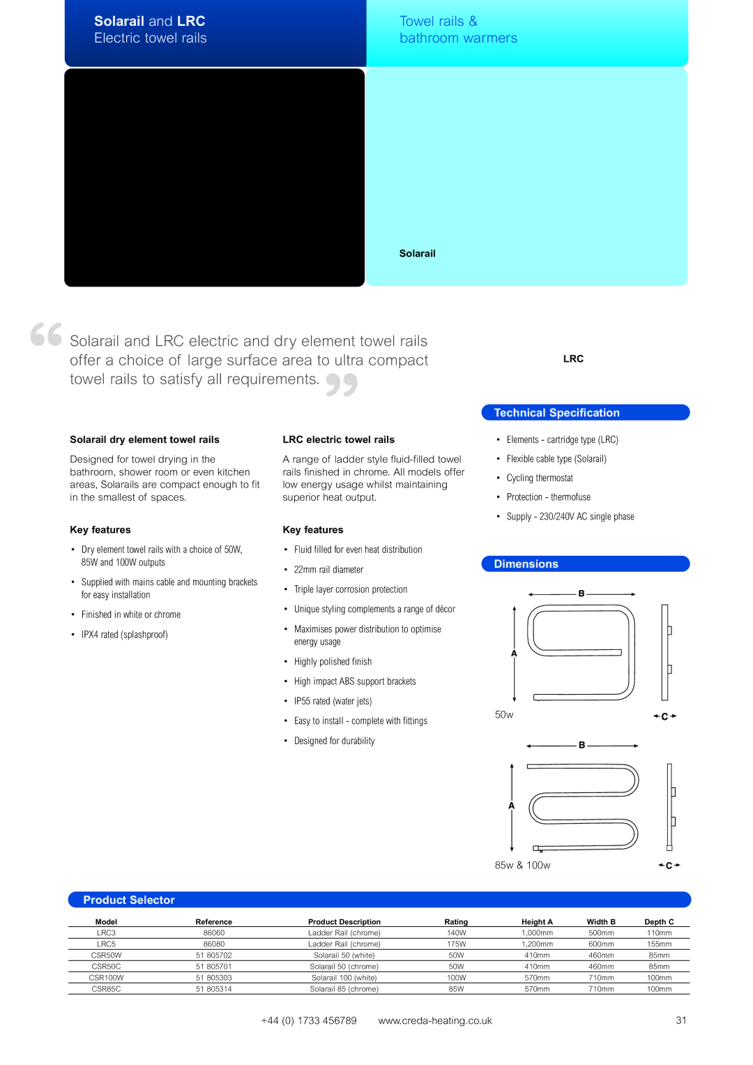 Creda Heating Solution Electric towel rails, Solarail dry element towel rails LRC electric towel rails, 50w 85w & 100w 