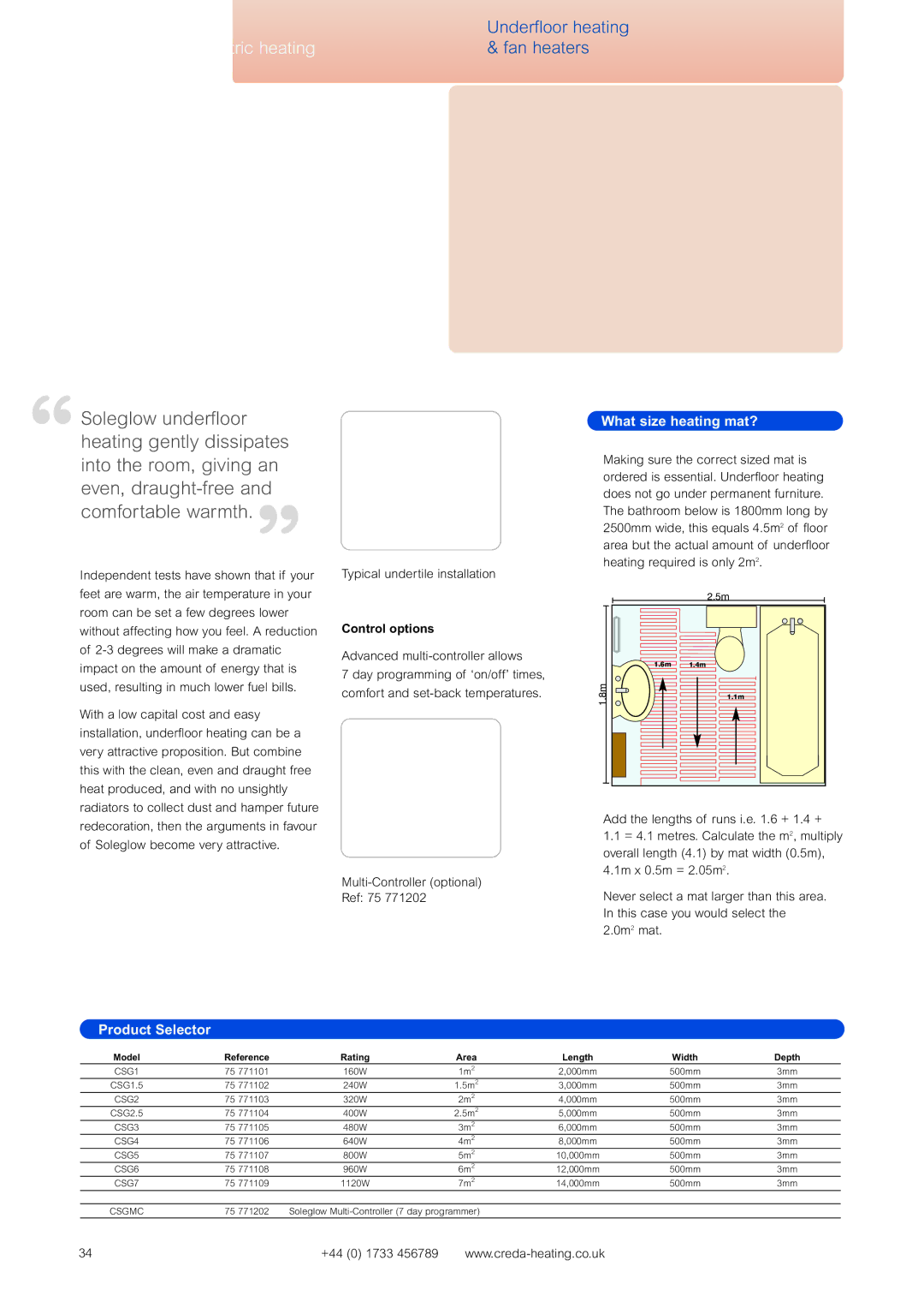 Creda Heating Solution Underfloor electric heating, What size heating mat?, Model Reference Rating Area Length, Depth 