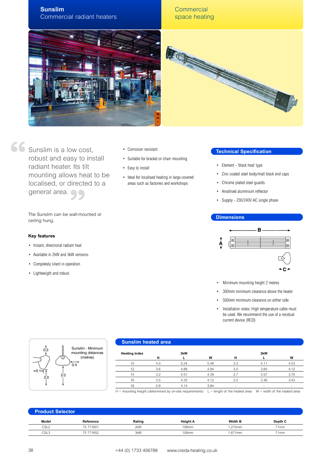 Creda Heating Solution manual Commercial radiant heaters, Sunslim heated area, Heating index 3kW 