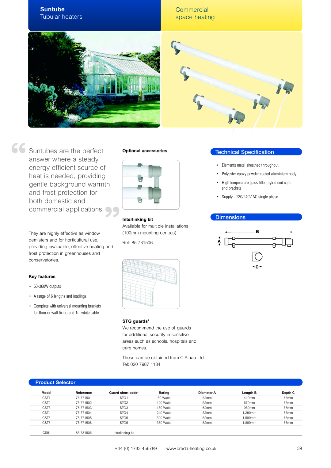 Creda Heating Solution manual Tubular heaters, 60-360W outputs Range of 6 lengths and loadings, STG guards 