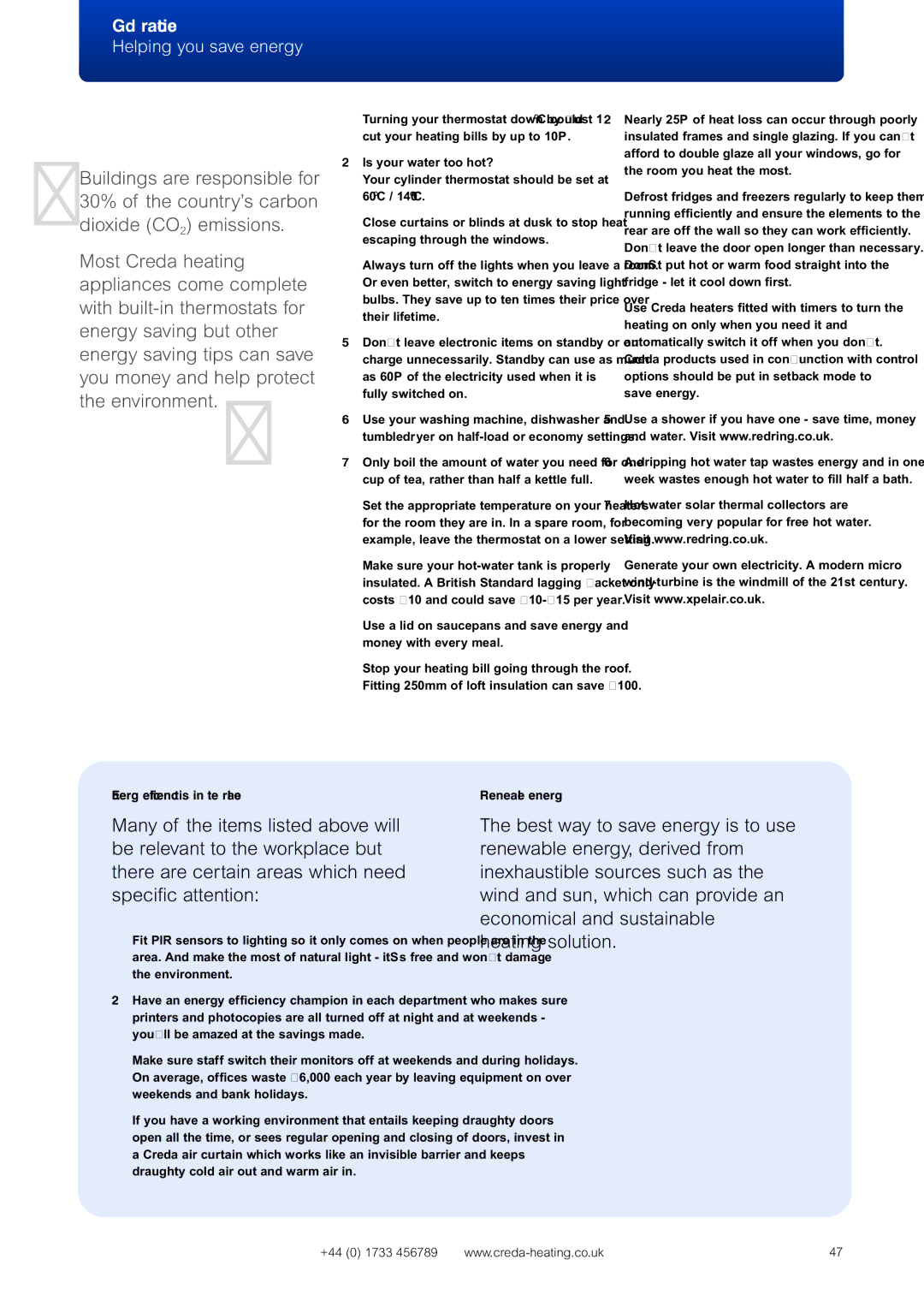 Creda Heating Solution manual Helping you save energy, Fully switched on, Energy efficiency tips in the workplace 