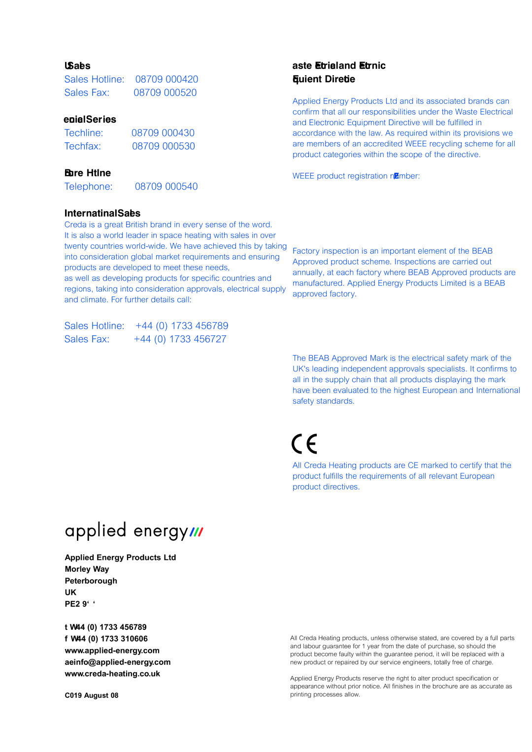 Creda Heating Solution manual Brochure Hotline, C019 August 