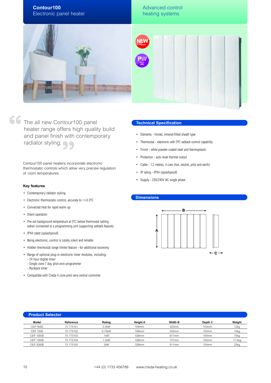 Creda Heating Solution Contour100, Electronic panel heater, Advanced control heating systems, Technical Specification 