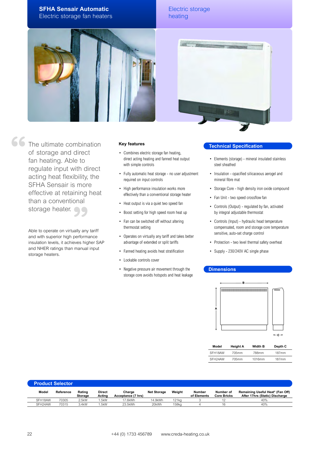 Creda Heating Solution manual SFHA Sensair Automatic, Electric storage fan heaters, heating, Technical Specification 
