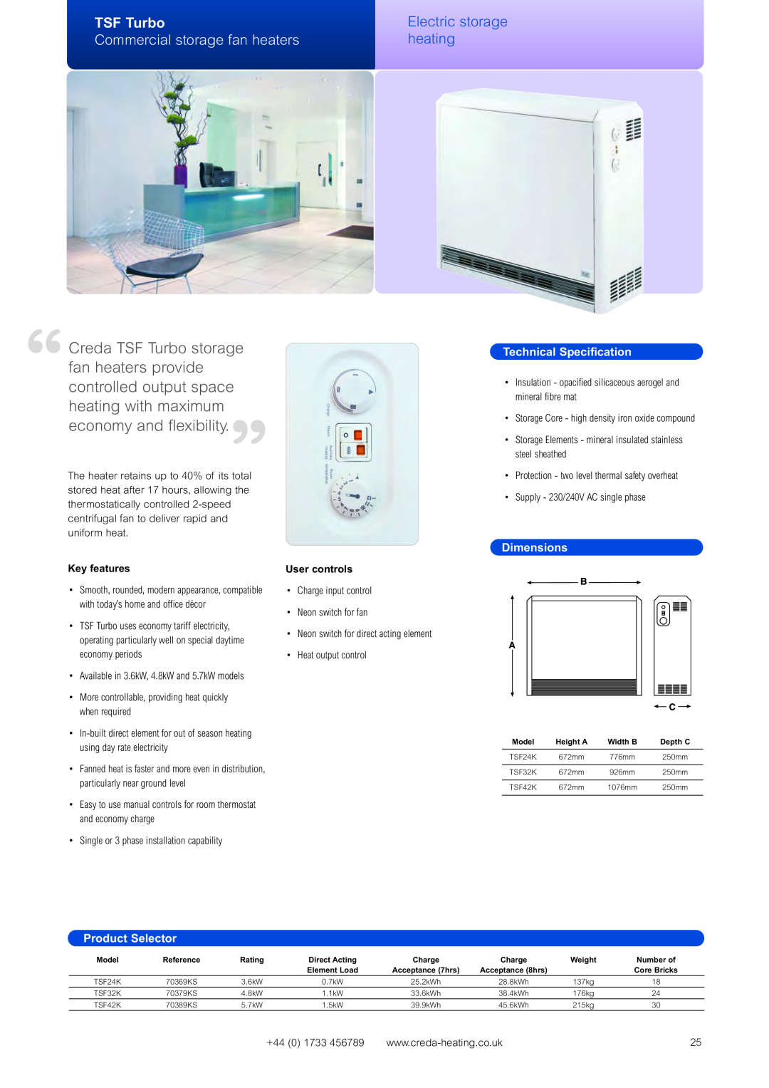 Creda Heating Solution manual TSF Turbo, Commercial storage fan heaters, Electric storage heating, Technical Specification 
