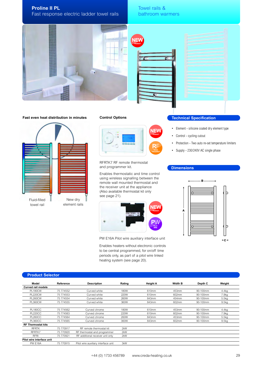 Creda Heating Solution Proline II PL, Towel rails, Fast response electric ladder towel rails, bathroom warmers, Dimensions 