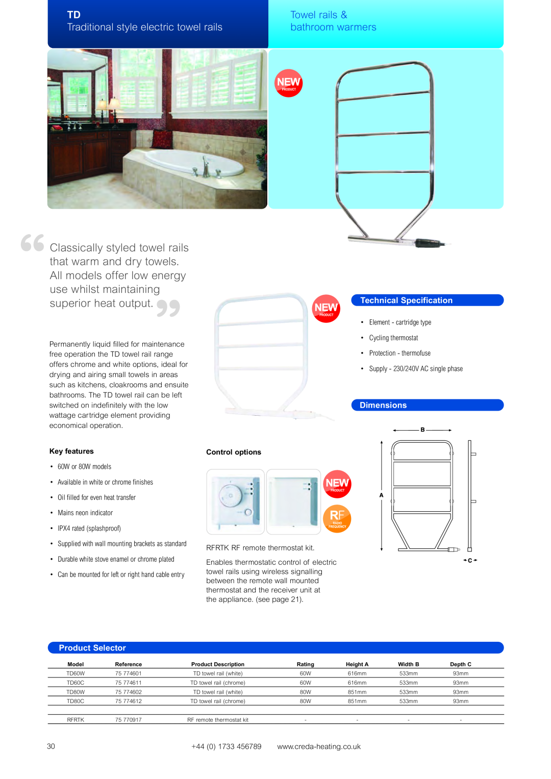 Creda Heating Solution Towel rails, Traditional style electric towel rails, bathroom warmers, Technical Specification 