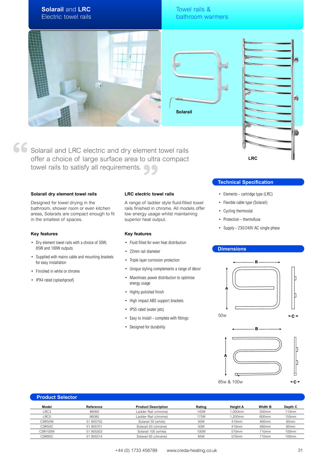 Creda Heating Solution Solarail and LRC, Towel rails, Electric towel rails, bathroom warmers, Technical Specification 