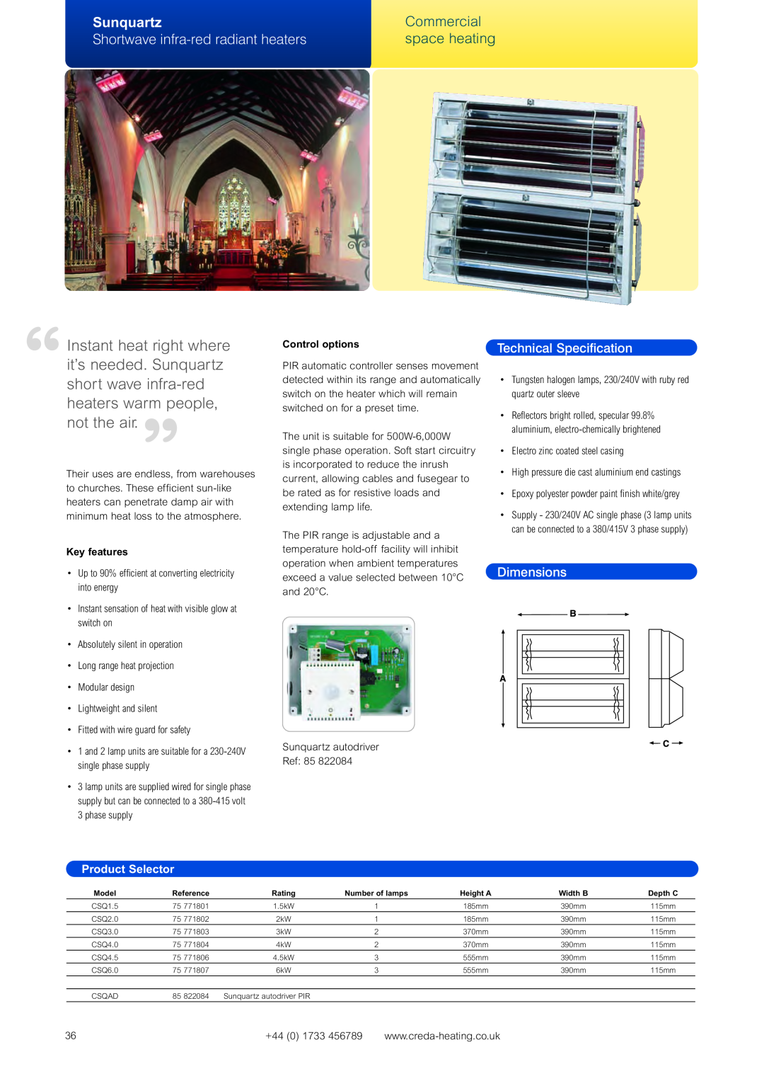 Creda Heating Solution Sunquartz, Commercial, Shortwave infra-redradiant heaters, space heating, Technical Specification 