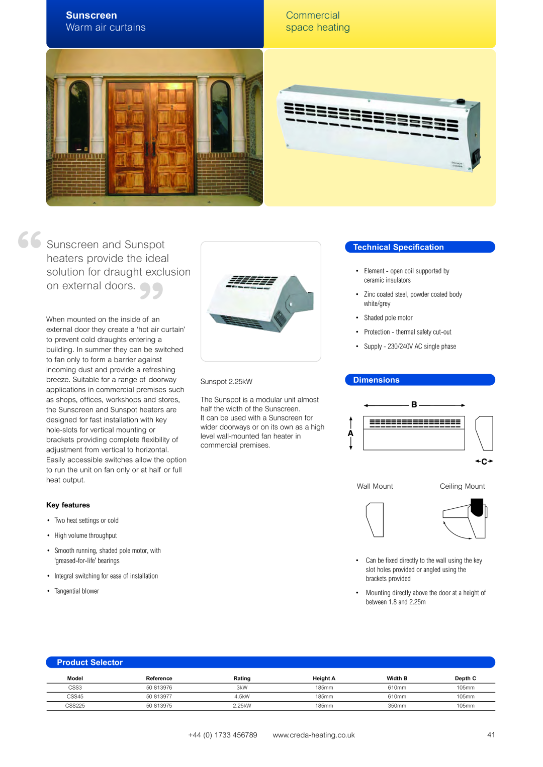 Creda Heating Solution manual Sunscreen, Warm air curtains, Commercial space heating, Technical Specification, Dimensions 