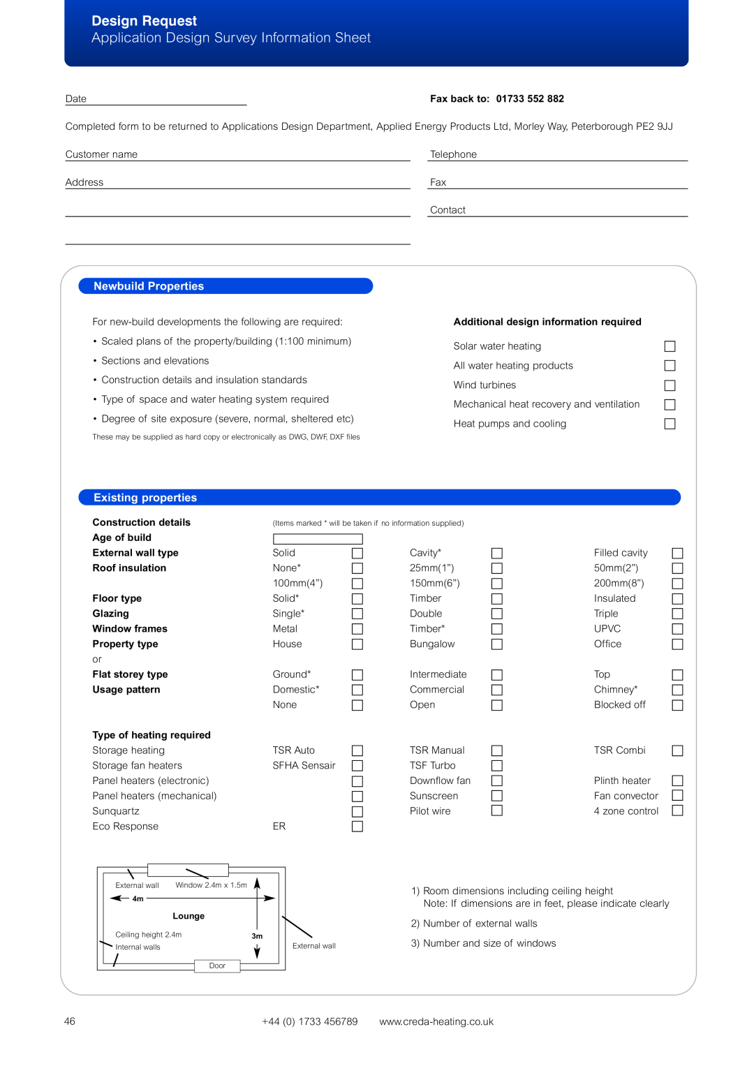 Creda Heating Solution manual Design Request, Application Design Survey Information Sheet, Newbuild Properties 