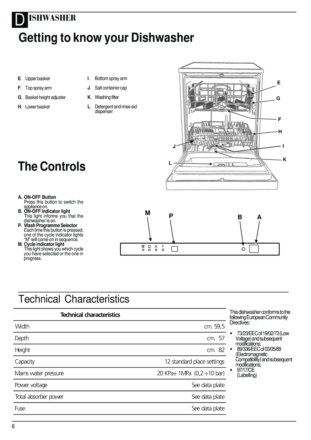 Creda IDI60 manual Getting to know your Dishwasher, Controls 