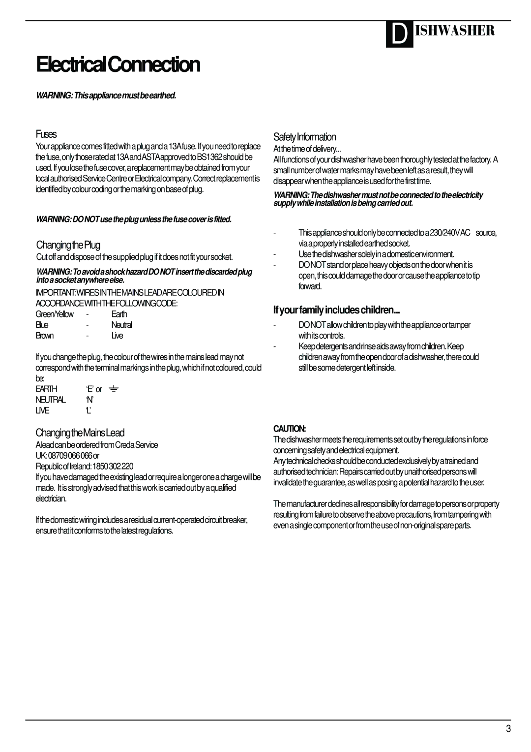 Creda IDV60 manual ElectricalConnection 