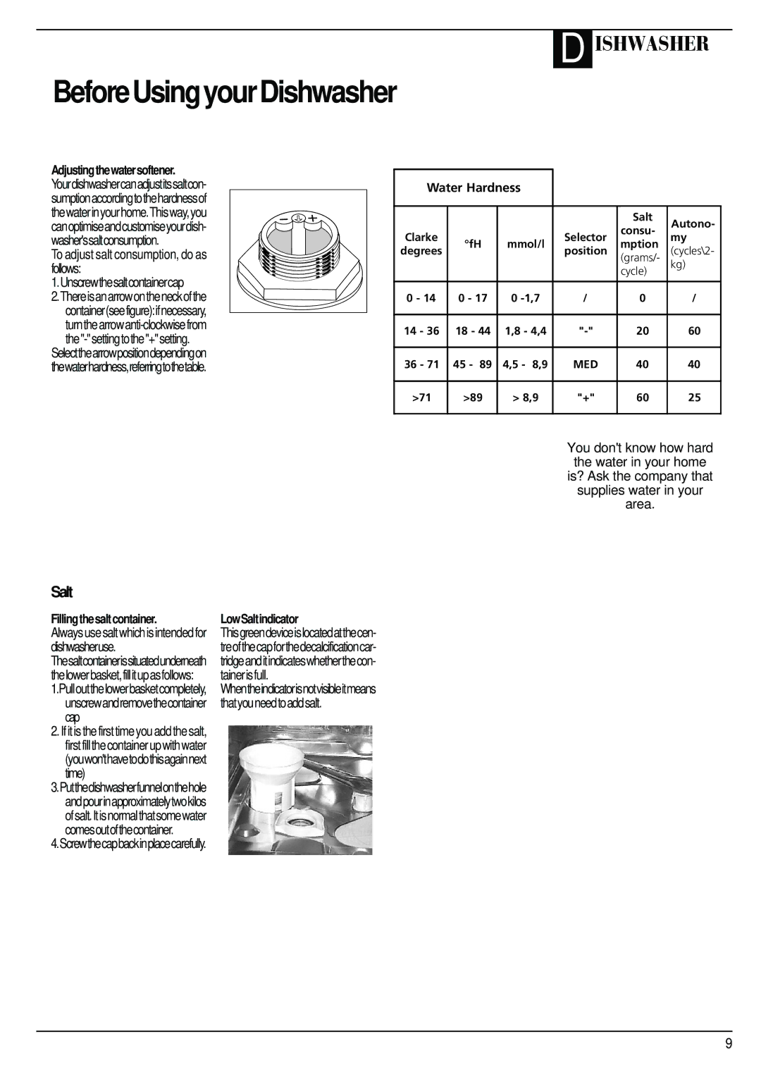 Creda IDV60 manual BeforeUsingyourDishwasher, Adjustingthewatersoftener, To adjust salt consumption, do as follows 