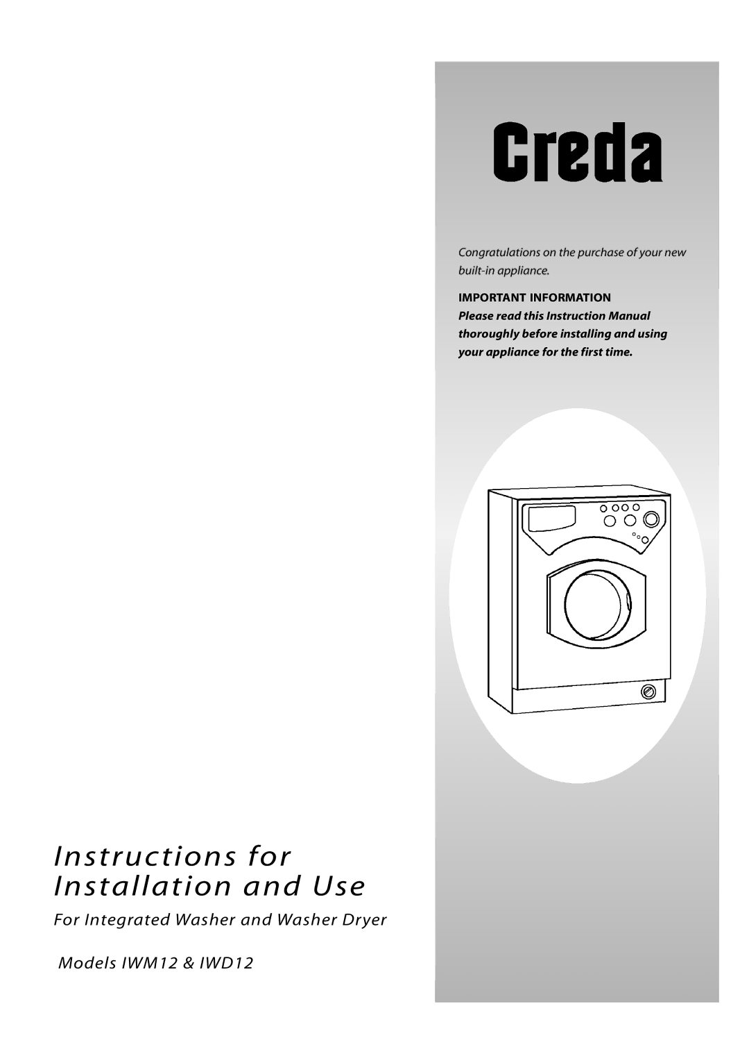 Creda IWD12, IWM12 instruction manual Instructions for Installation and Use 