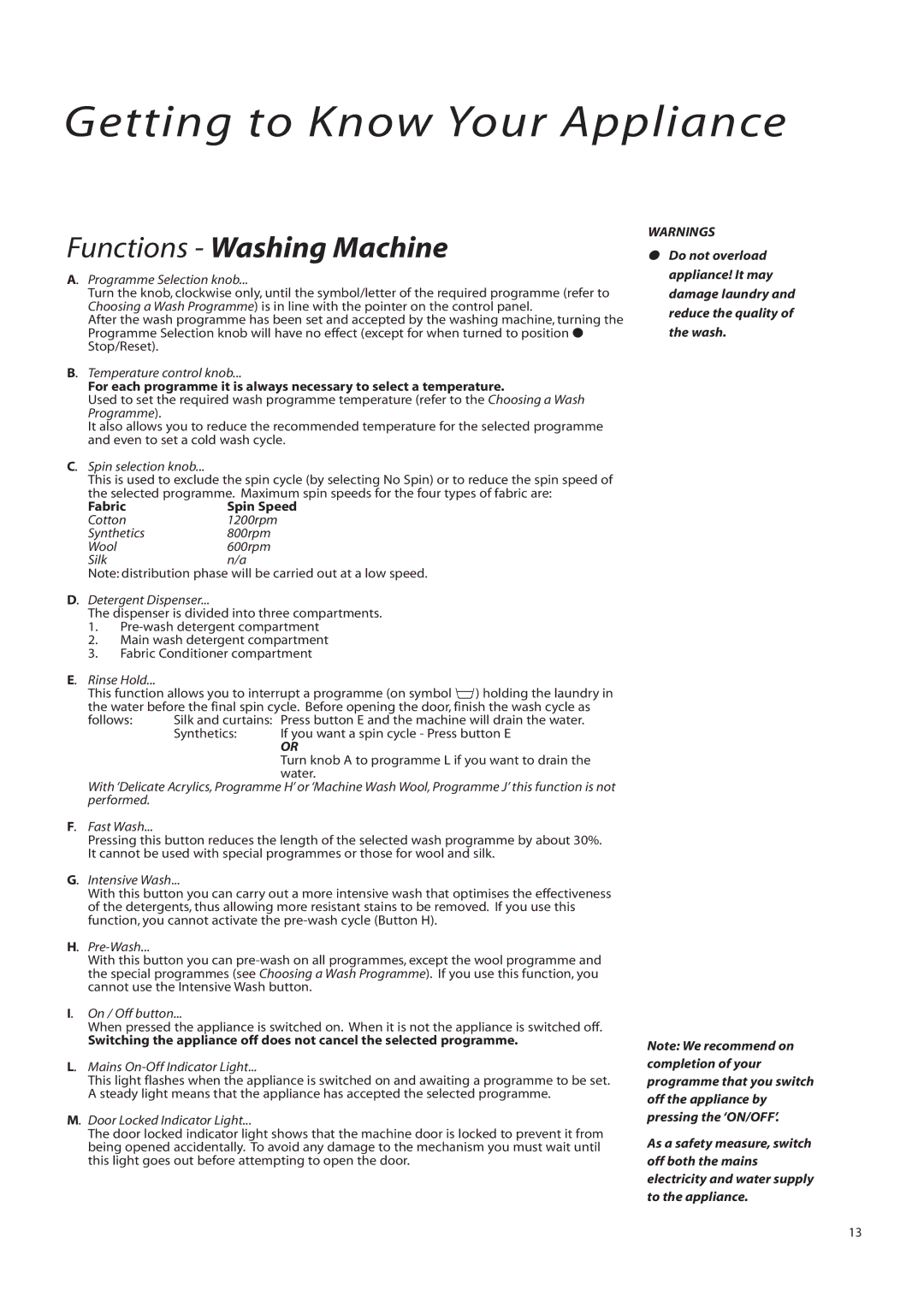 Creda IWD12, IWM12 instruction manual Getting to Know Your Appliance 