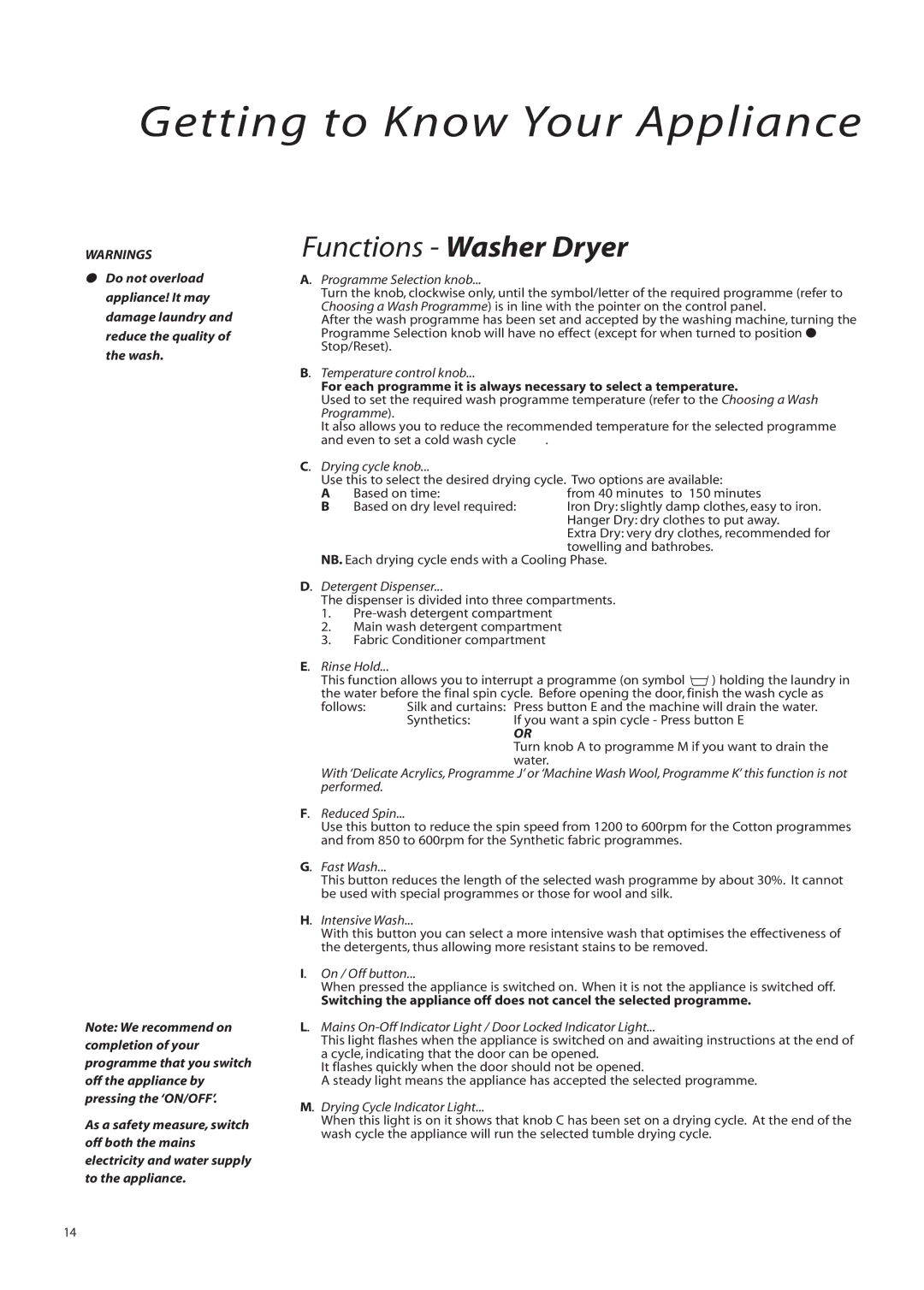 Creda IWM12, IWD12 instruction manual Functions Washer Dryer 