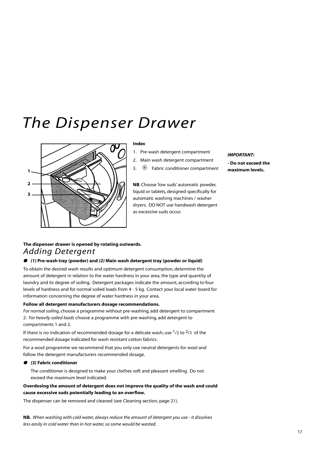 Creda IWD12, IWM12 instruction manual Dispenser Drawer, Adding Detergent 