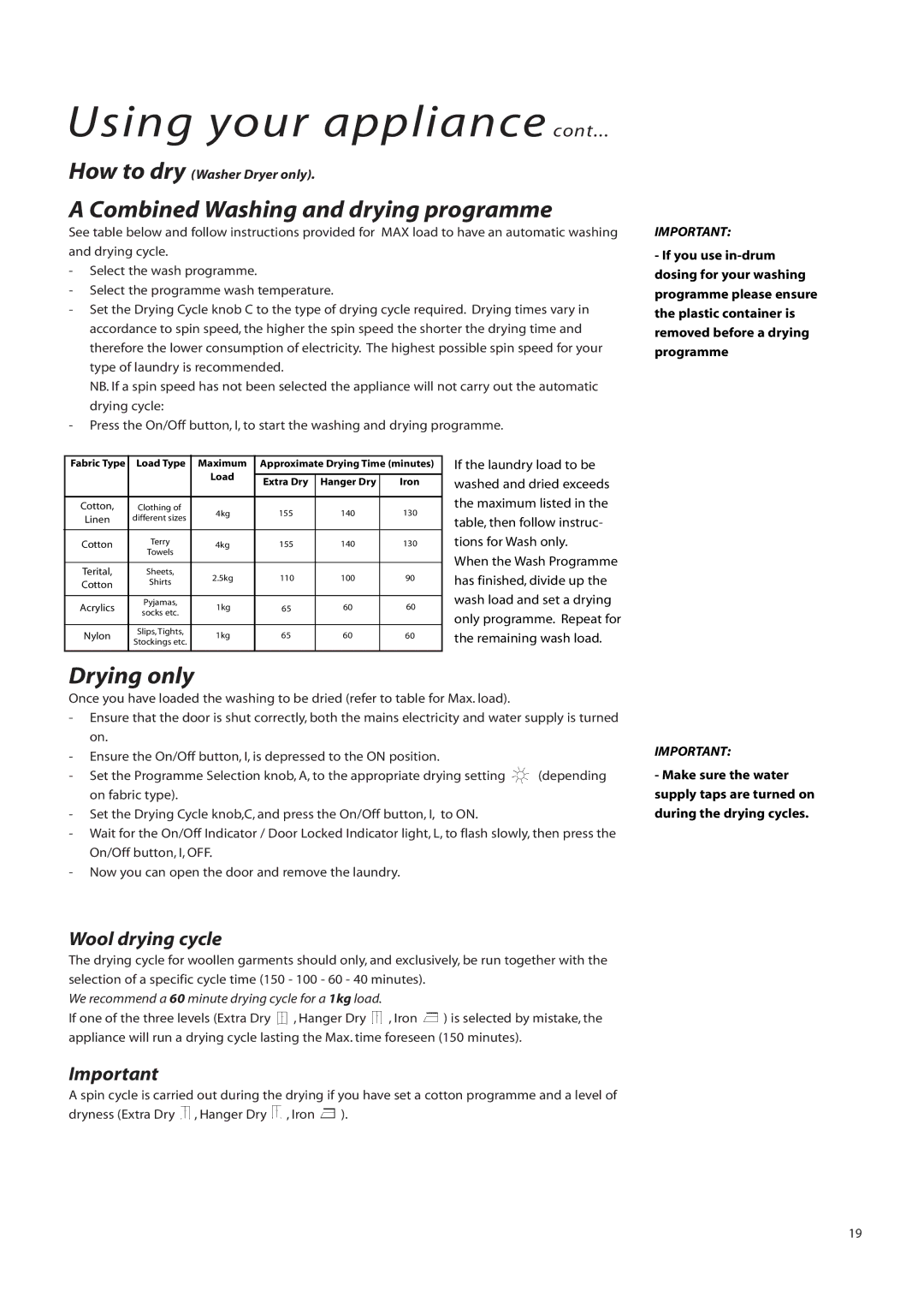 Creda IWD12 Combined Washing and drying programme, Drying only, We recommend a 60 minute drying cycle for a 1kg load 