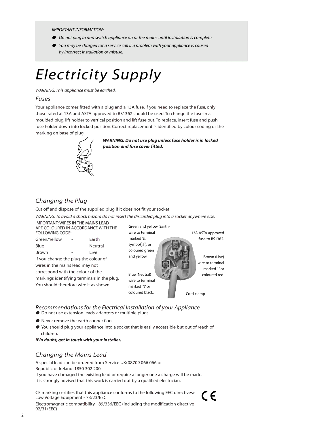 Creda IWM12, IWD12 instruction manual Electricity Supply, Important Information 