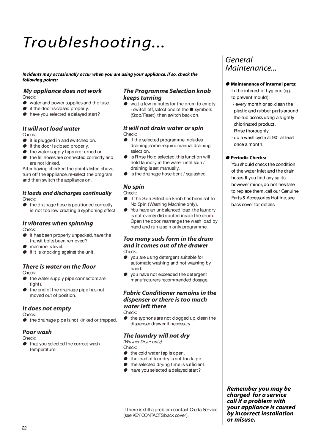 Creda IWM12, IWD12 instruction manual Troubleshooting, General Maintenance 