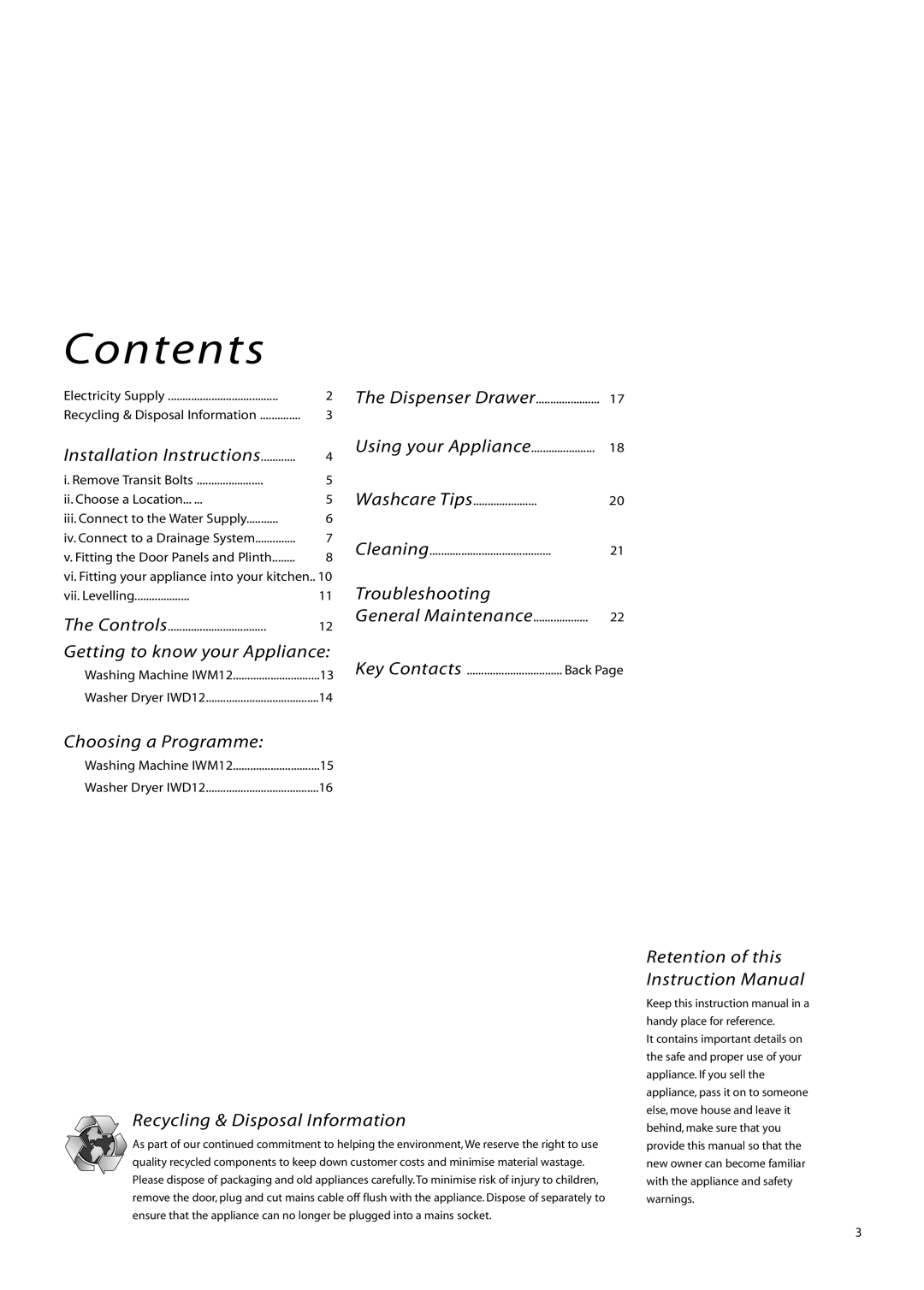 Creda IWD12, IWM12 instruction manual Contents 