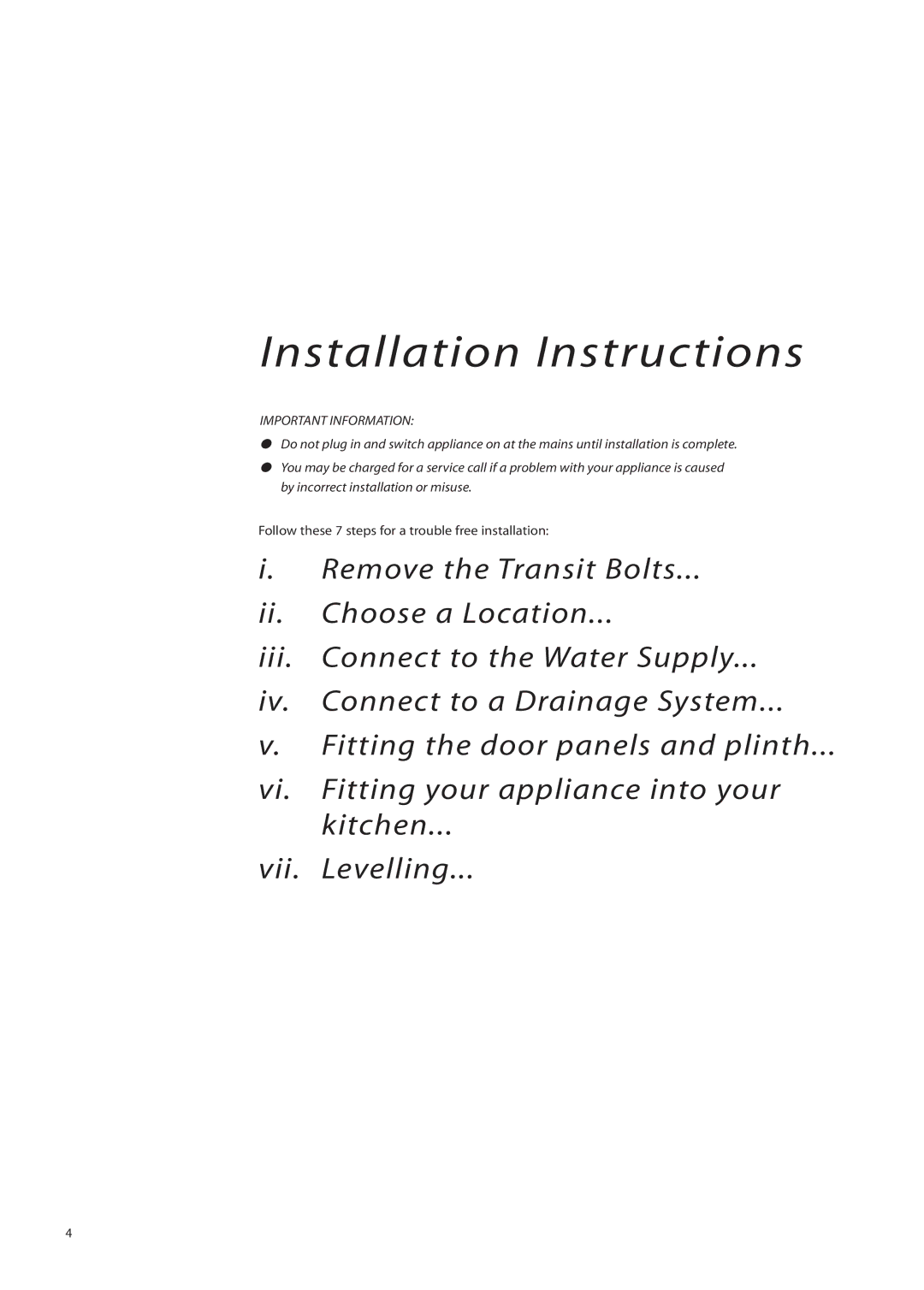 Creda IWM12, IWD12 instruction manual Installation Instructions 