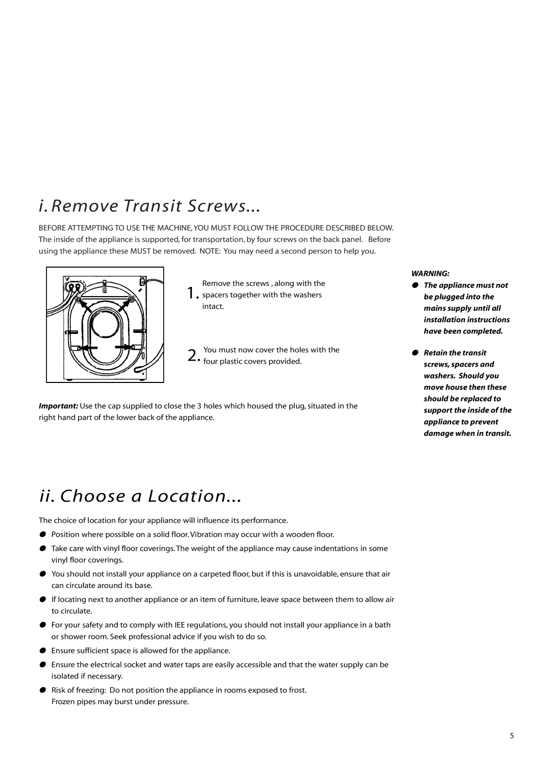 Creda IWD12, IWM12 instruction manual Remove Transit Screws 