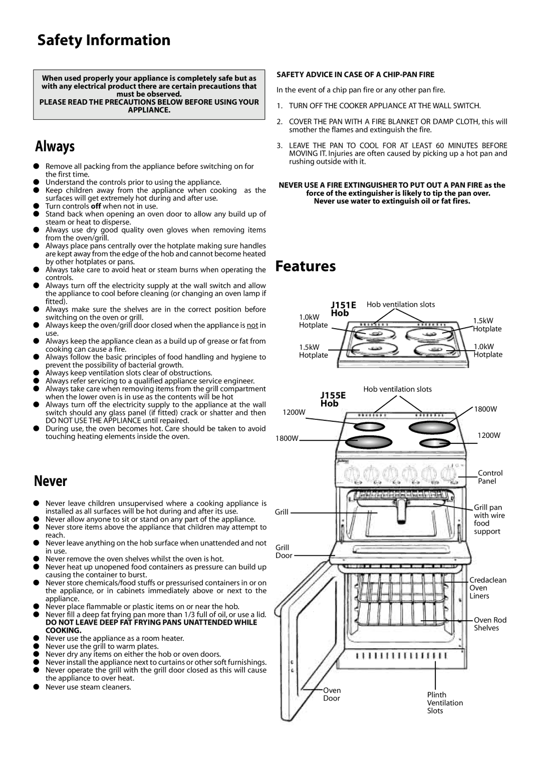 Creda J151E installation instructions Safety Information, Always, Never, Features 