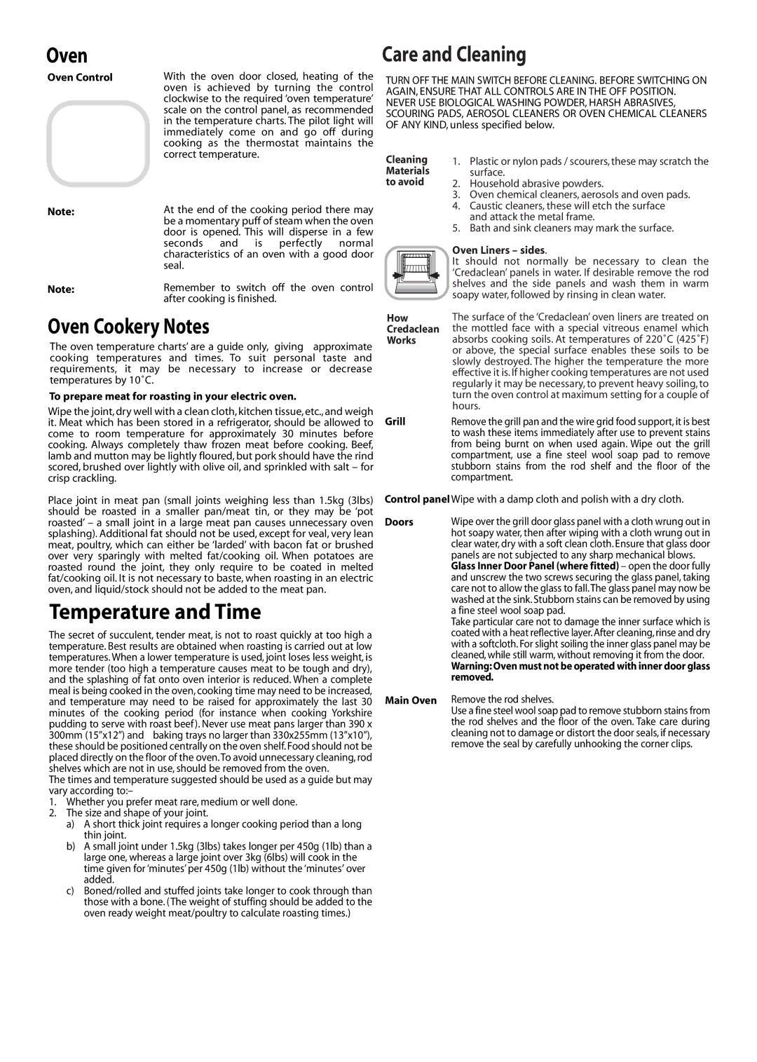 Creda J151E installation instructions Care and Cleaning, Oven Cookery Notes, Temperature and Time 