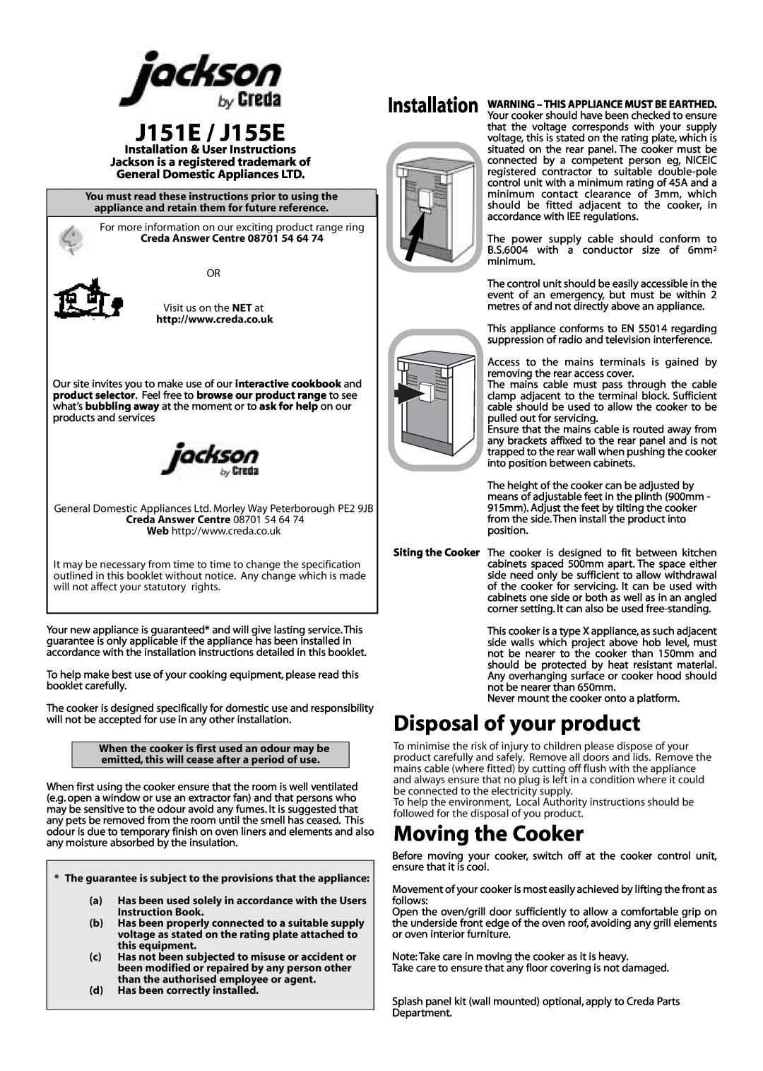 Creda J151E installation instructions Disposal of your product, Moving the Cooker, Installation & User Instructions 